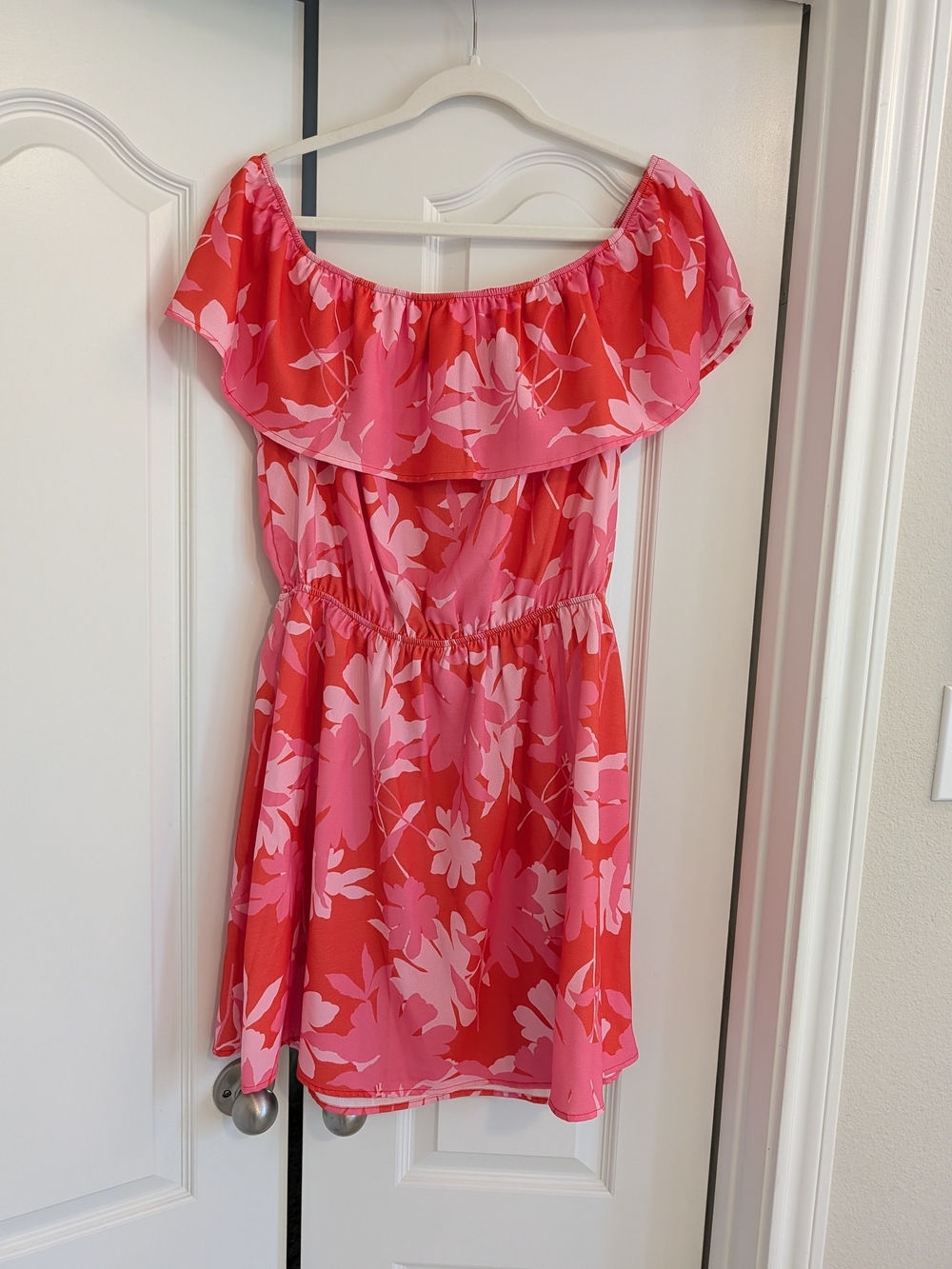 Off-Shoulder Pink & Red Floral Summer Dress Size L